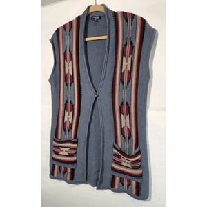 Chaps Ralph Lauren Sleeveless Cardigan Duster Vest Blue Open Front Aztec Geo LRG